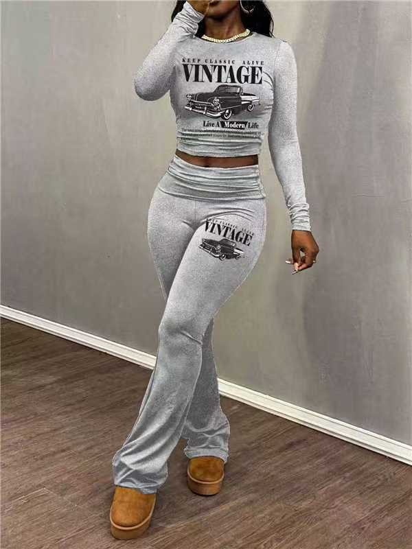 Women Letter Print Long-Sleeve Top and Pants Sporty Two-Piece Set