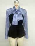 Women Spring/Autumn Striped Patchwork Elegant Shirt Top