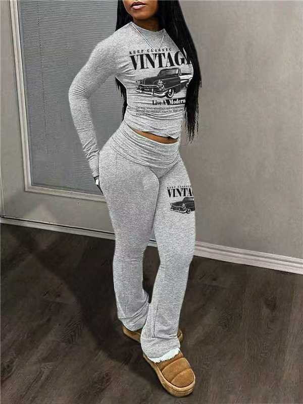 Women Letter Print Long-Sleeve Top and Pants Sporty Two-Piece Set