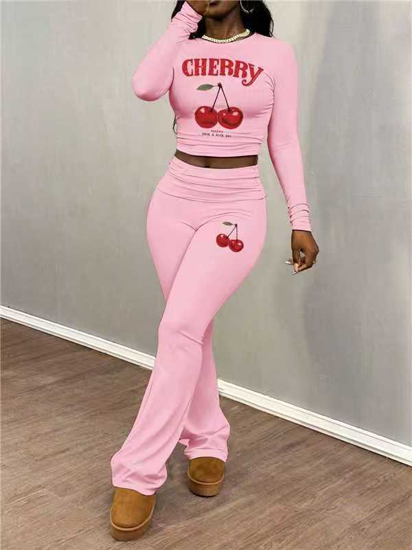 Women Cherry Print Long-Sleeve Top and Pants Two-Piece Set