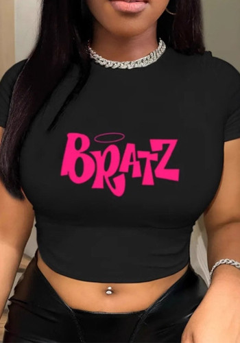 Women Summer Printed Round Neck Short-Sleeve Crop T-Shirt