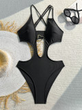 Women Sexy Hollow-Out Solid One-Piece Swimsuit