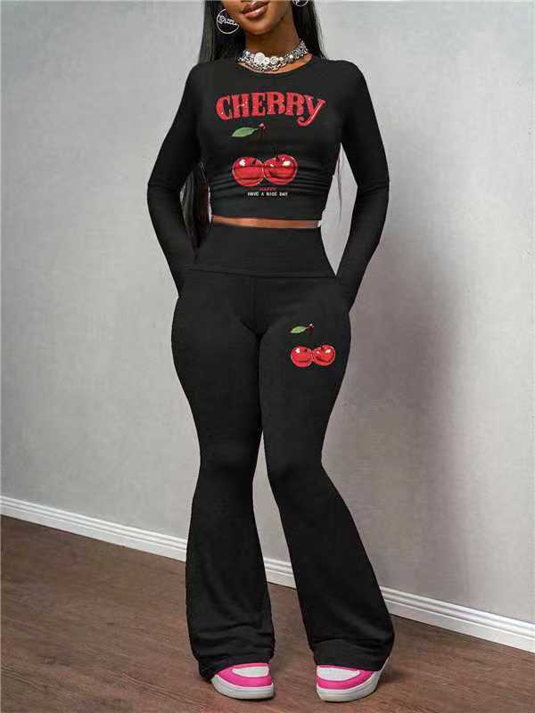 Women Cherry Print Long-Sleeve Top and Pants Two-Piece Set