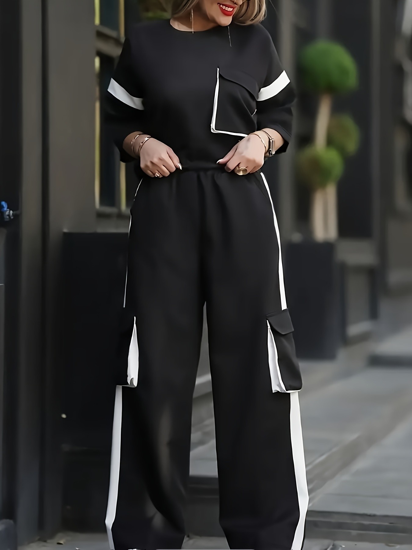 Women Casual Pocket Patchwork Top and Pant Two-Piece Set