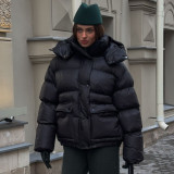 Women Black Winter Square Pocket Hooded Padding Coat