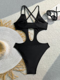 Women Sexy Hollow-Out Solid One-Piece Swimsuit