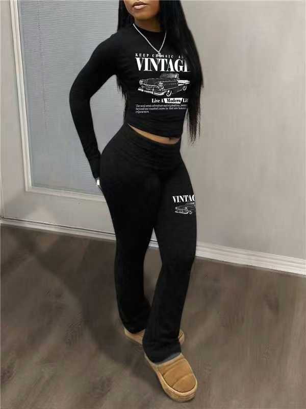 Women Letter Print Long-Sleeve Top and Pants Sporty Two-Piece Set