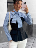 Women Spring/Autumn Striped Patchwork Elegant Shirt Top