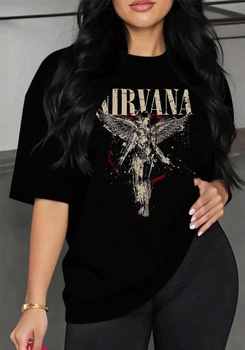 Women Round Neck Portrait and Floral Letter Printed Summer T-Shirts