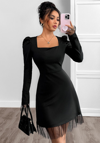 Women Autumn Square Neck Bubble Long-Sleeve Mesh Patchwork Dress
