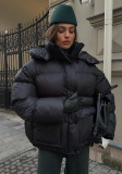 Women Black Winter Square Pocket Hooded Padding Coat