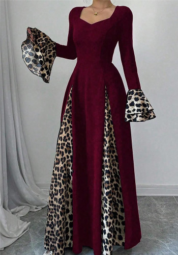 Women Autumn/Winter Leopard Print Color Block Bell Bottom Sleeve Dress
