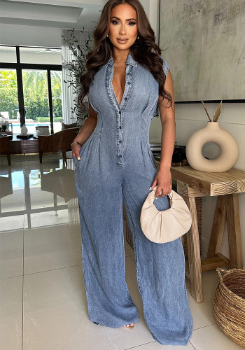 Women Stretchy Washed Denim Jumpsuit