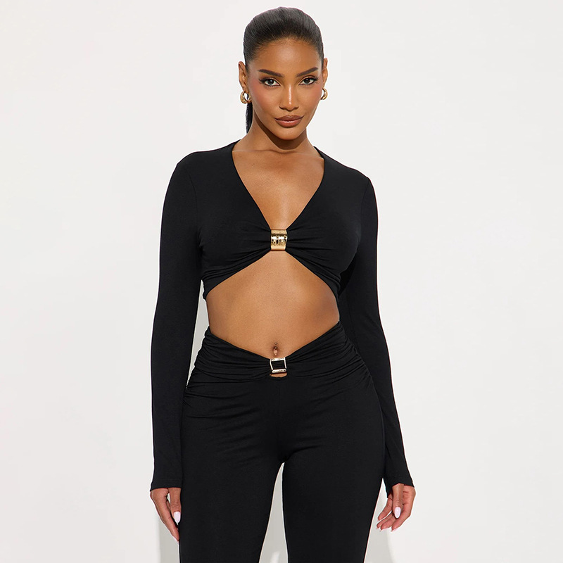 Women Autumn/Winter V-Neck Metal Butterfly Button Patchwork Hollow-Out Crop Top and Gathered Pant Two-Piece Set