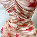Women Summer Sexy Tie-Dye Printed V-Neck Streetchy Mesh Pleated Bodycon Dress
