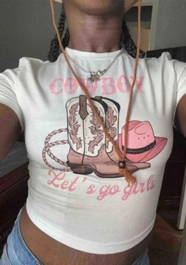 Women Short-Sleeve Printed Summer Round Neck Crop T-Shirt