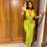 Women Solid Lace-Up Sexy Halter Neck V-Neck Bodycon Dress