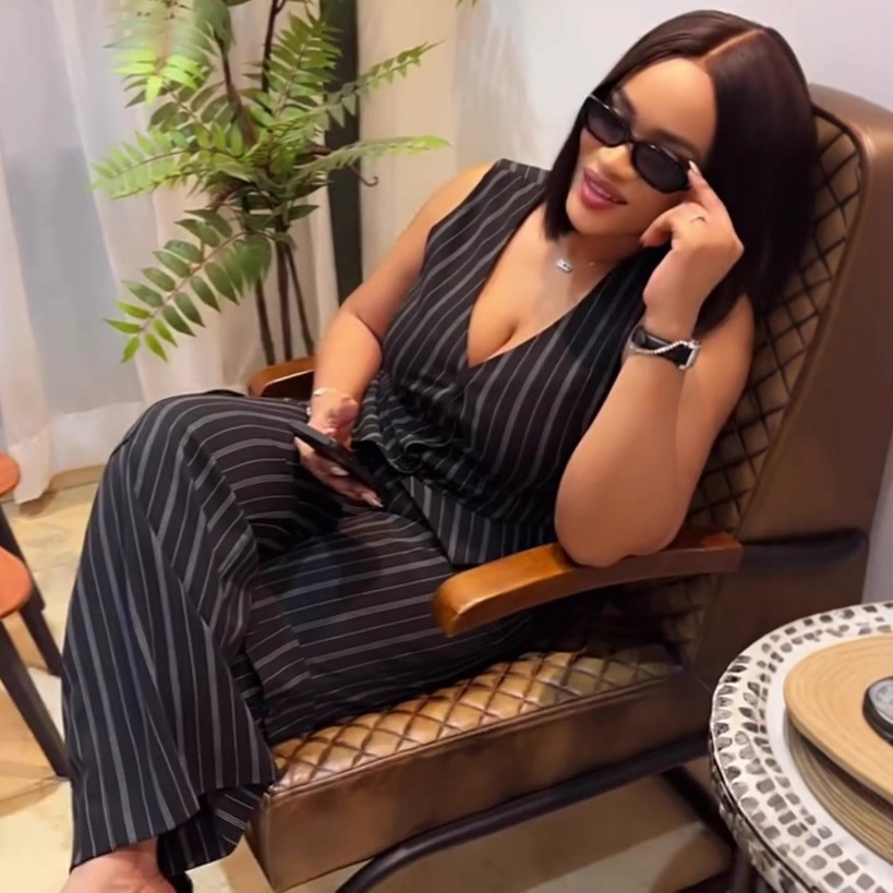 Women's V-Neck Fashion Striped Button Vest Pants African Two Piece Set