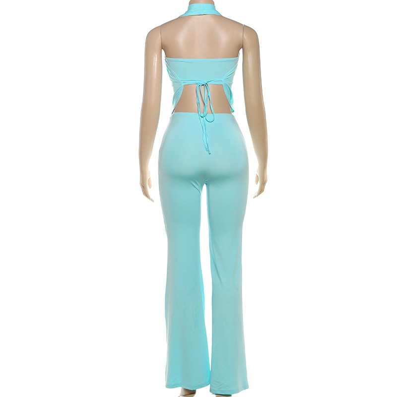Women Autumn Sexy Halter Neck Top and Pant Two-Piece Set