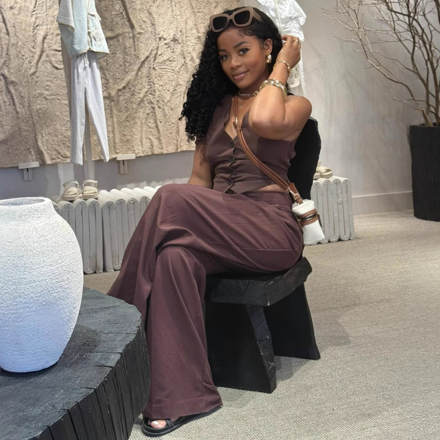 Women's Sexy Sleeveless Low Back Vest Solid Color Pants African Chic Set