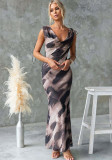 Women Summer Elegant Printed V-Neck Backless Tie-Waist Dress