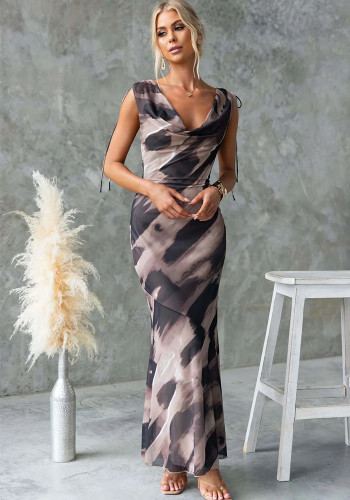 Women Summer Elegant Printed V-Neck Backless Tie-Waist Dress