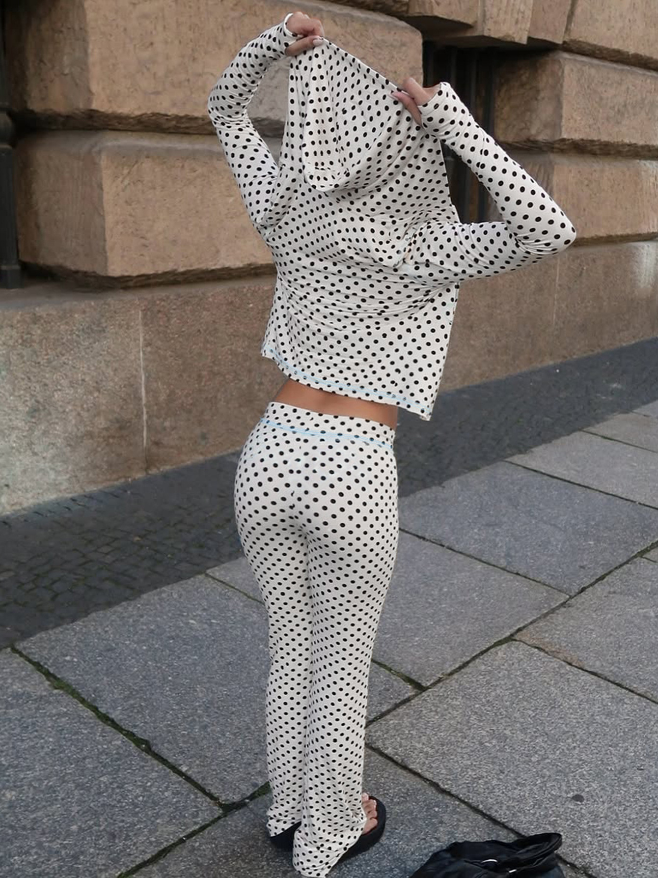 Women French Autumn/Winter Polka Dot Hooded Top and Color-Blocked Trousers Two-Piece Set