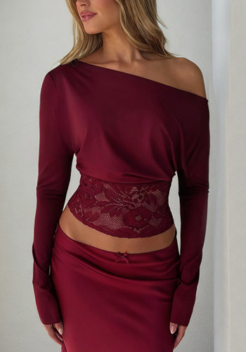 Women's Autumn Sexy Lace Patchwork Slash Neck Waist Tie Shirt