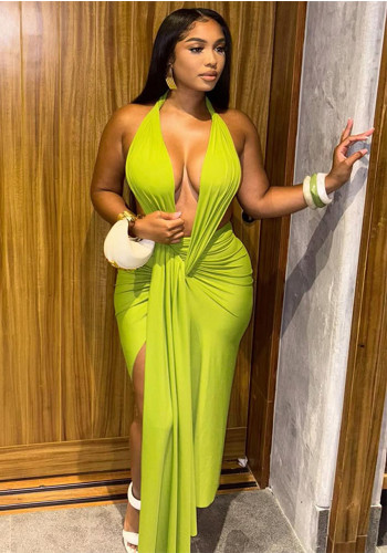 Women Solid Lace-Up Sexy Halter Neck V-Neck Bodycon Dress