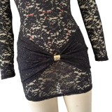 Women Sexy Hollow-Out Lace Long-Sleeve Dress