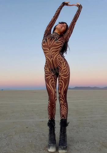 Women Autumn Sexy Printed Round Neck Long-Sleeve Jumpsuit