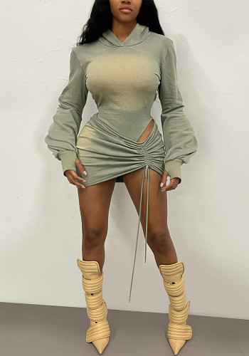 Women Autumn Sexy Backless Hooded Jumpsuit and Drawstring Bodycon Skirt Two-Piece Set