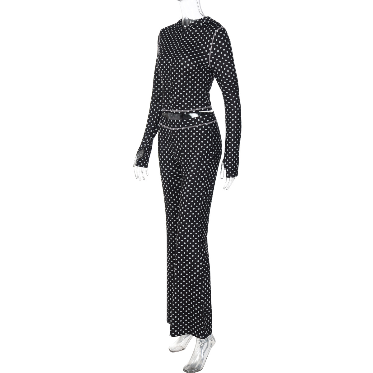 Women French Autumn/Winter Polka Dot Hooded Top and Color-Blocked Trousers Two-Piece Set
