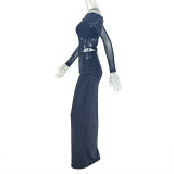 Women Pleated Hollow-Out Off Shoulder Strapless Solid Raglan Long-Sleeve Bodycon Dress