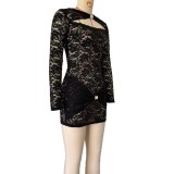 Women Sexy Hollow-Out Lace Long-Sleeve Dress