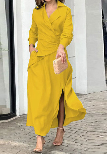 Women Autumn Casual Solid V-Neck Patchwork Slit Dress