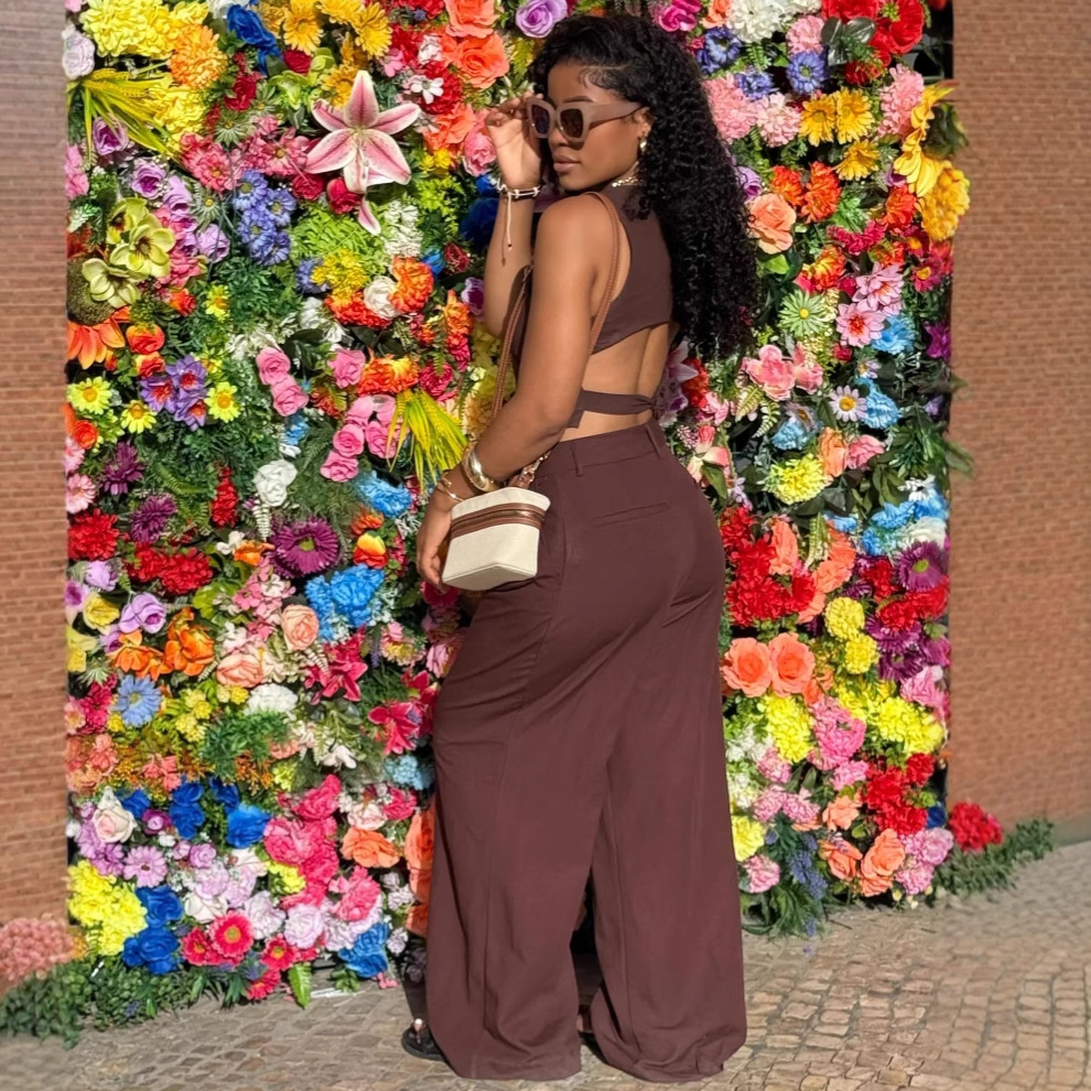 Women's Sexy Sleeveless Low Back Vest Solid Color Pants African Chic Set