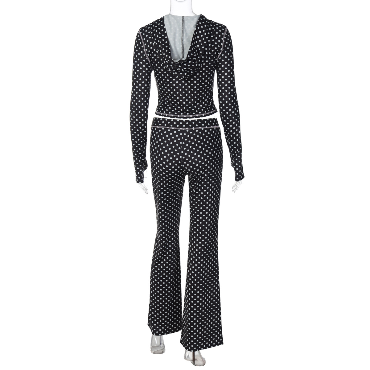 Women French Autumn/Winter Polka Dot Hooded Top and Color-Blocked Trousers Two-Piece Set