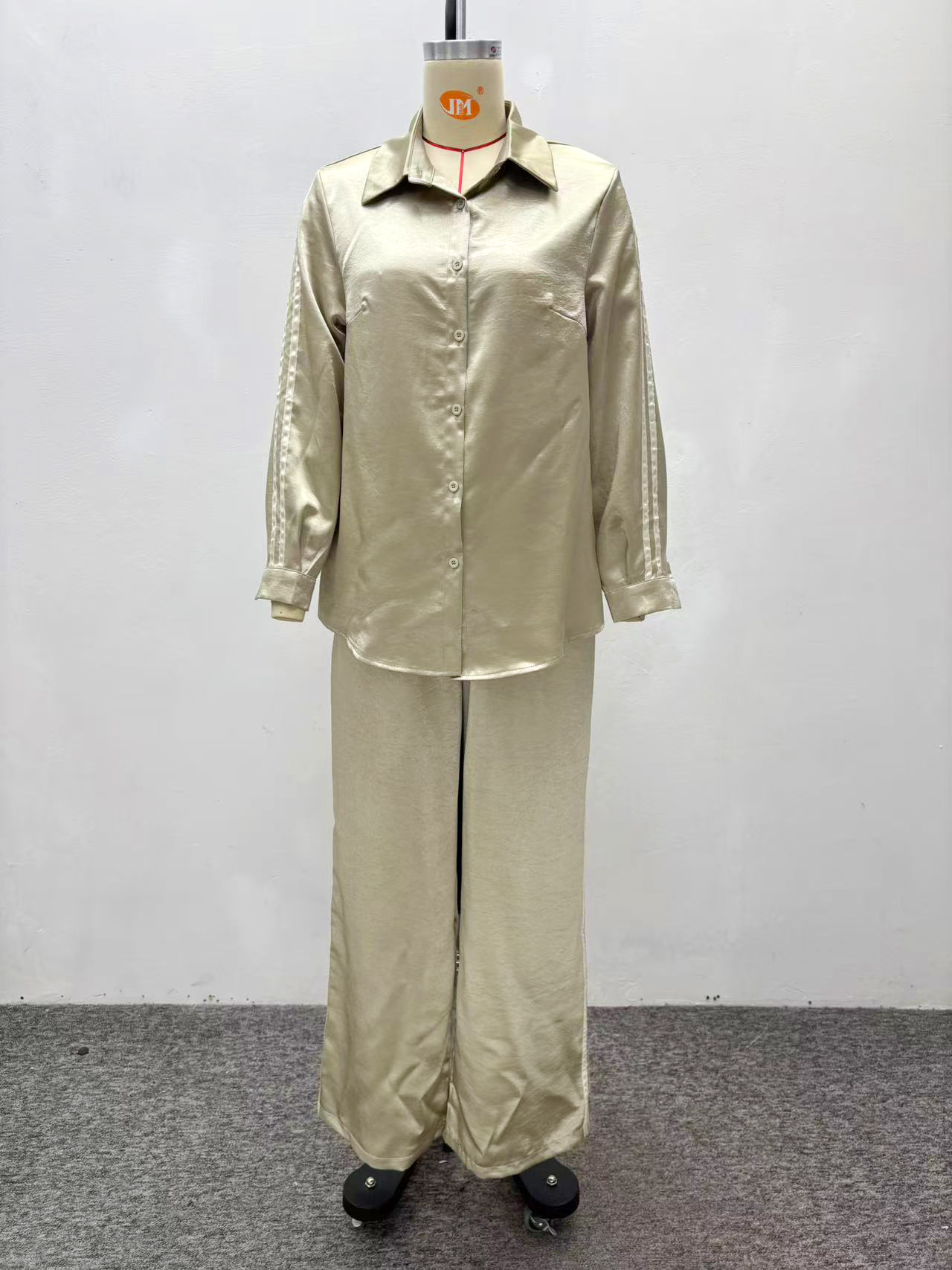 Women's Fashion Turndown Collar Striped Elastic Waist African Trendy Pants Set