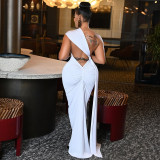 Women Lace-Up Pleated Slash Shoulder One-Shoulder Solid Bodycon Dress