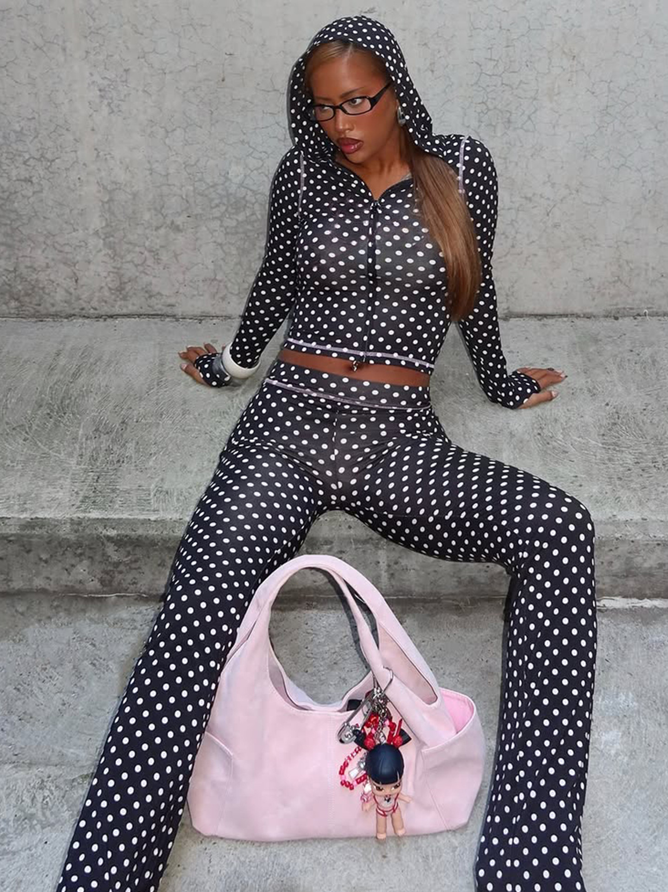 Women French Autumn/Winter Polka Dot Hooded Top and Color-Blocked Trousers Two-Piece Set