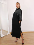 Women Autumn Stand Collar Rhinestone Slit Black Maxi Dress