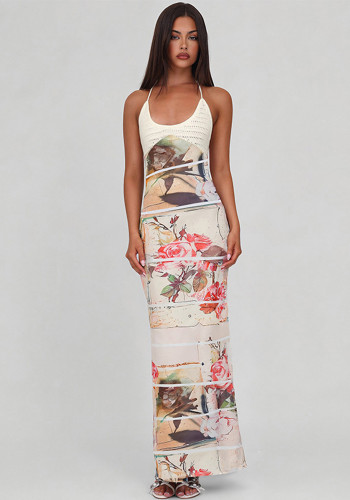 Women Bandeau Patchwork Print Halter Neck Dress