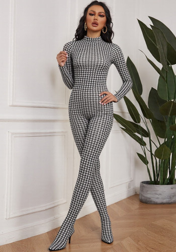 Women Autumn/Winter Printed High-Neck Long-Sleeve Sexy Jumpsuit