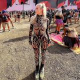 Women Autumn Sexy Printed Round Neck Long-Sleeve Jumpsuit