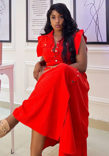 Women's Plus Size Solid Color Turndown Collar Sleeveless African Chic Dress