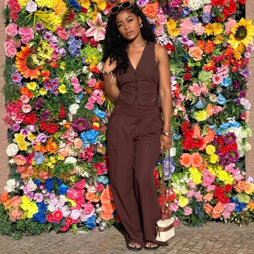 Women's Sexy Sleeveless Low Back Vest Solid Color Pants African Chic Set