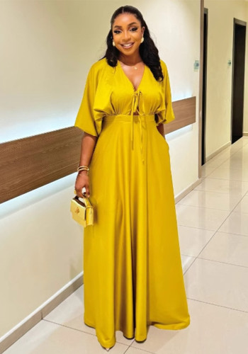 Women's Summer Sexy V-Neck Solid Color African Chic Dress