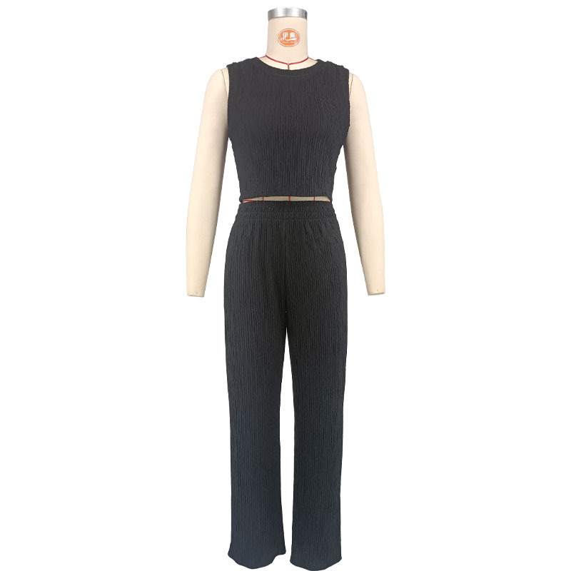 Women Solid Sleeveless Round Neck Top and Pants Two-Piece Set
