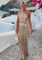 Women Summer One-Shoulder Slit Sequin Off-Shoulder Elegant Dress